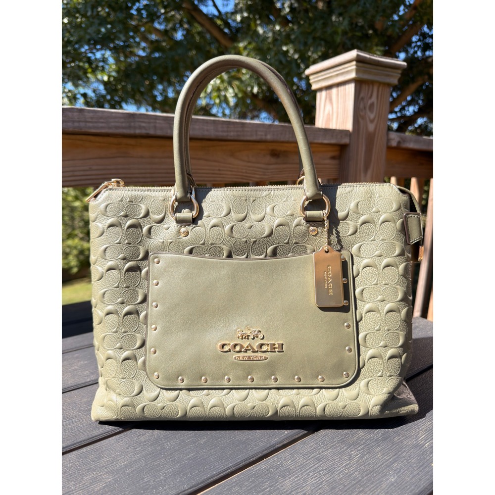 Coach Sage Green Signature Embossed Leather Studded Emma Satchel
